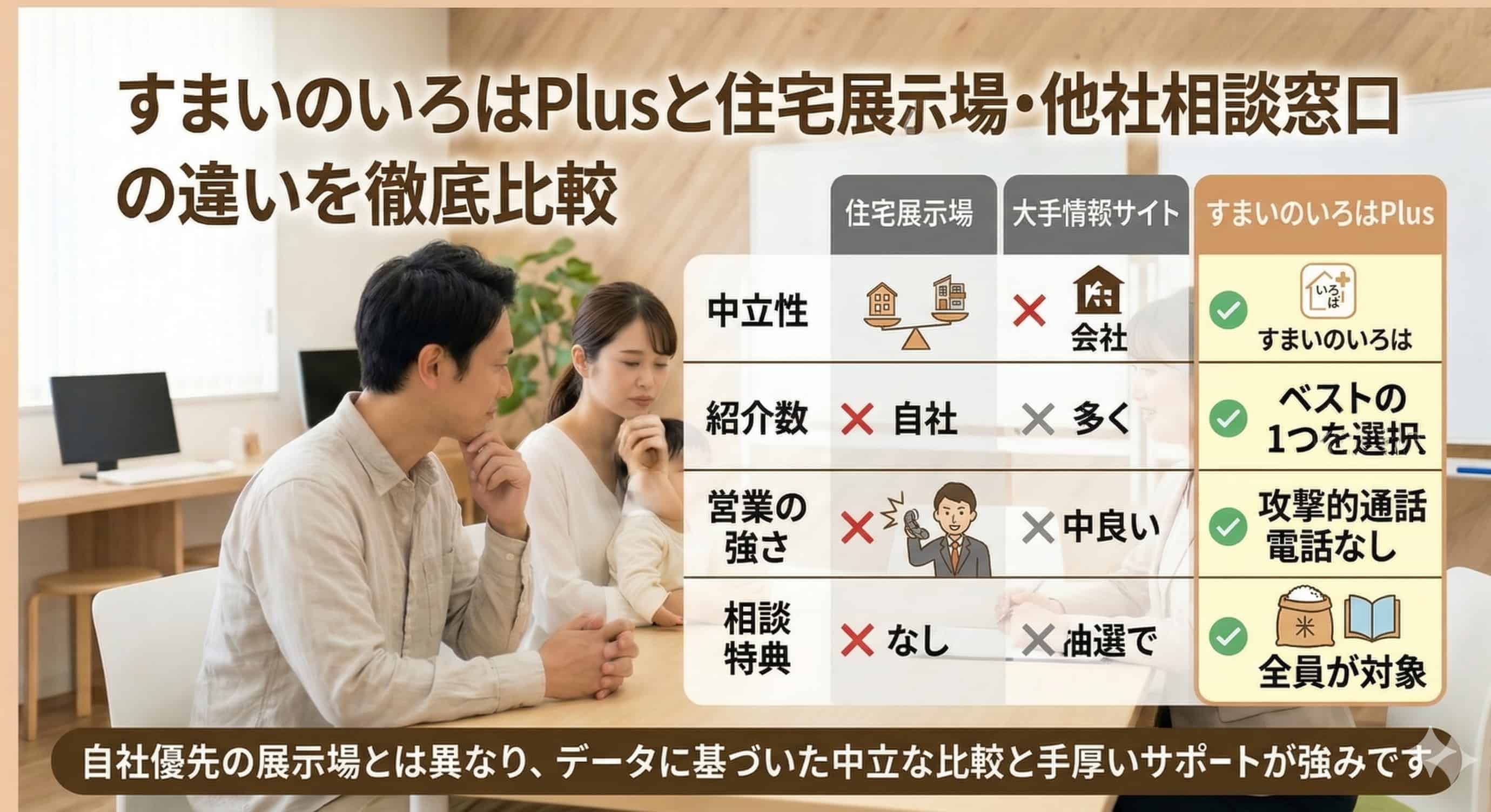 すまいのいろはPlusと住宅展示場・相談窓口の比較説明のイメージ画